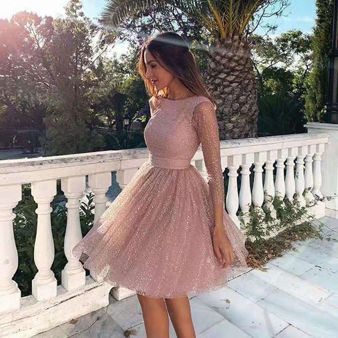 Women's A-Line Dress - Tulle - Fitted Bodice - Boat Neck - Sheer 3/4 Sleeves