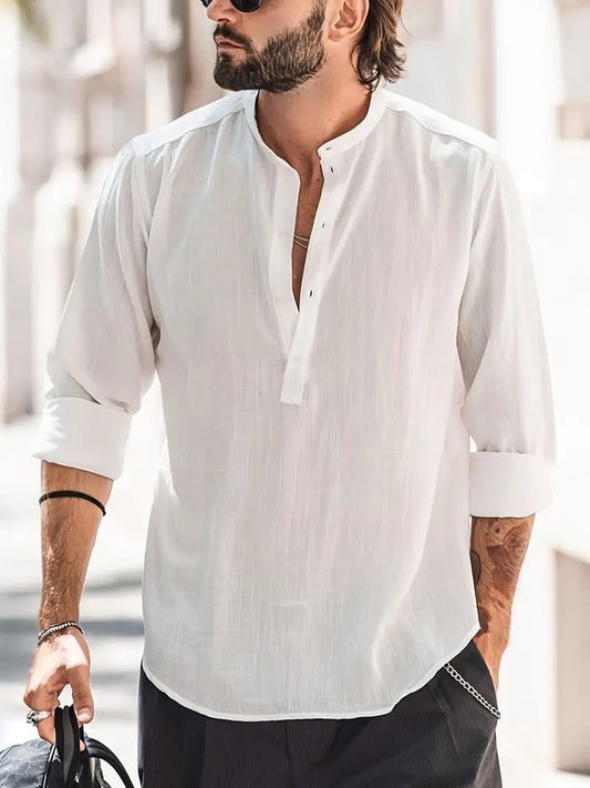 Men’s Long Sleeve Shirt – Relaxed Fit – Breathable Blend – Mandarin Collar Casual Style