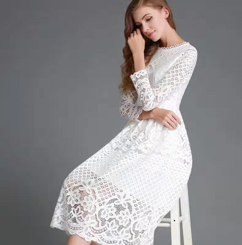 Women’s Midi Dress – Lace Floral Detailing – A-Line Fit – Long Sleeve Formal Wear