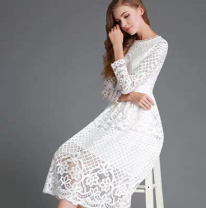Women’s Midi Dress – Lace Floral Detailing – A-Line Fit – Long Sleeve Formal Wear