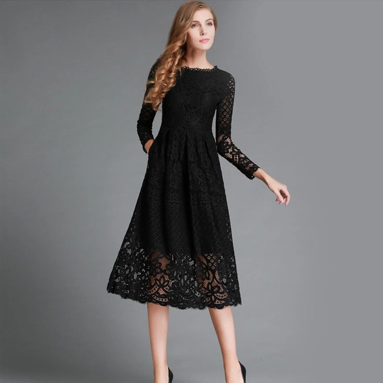 Women’s Midi Dress – Lace Floral Detailing – A-Line Fit – Long Sleeve Formal Wear