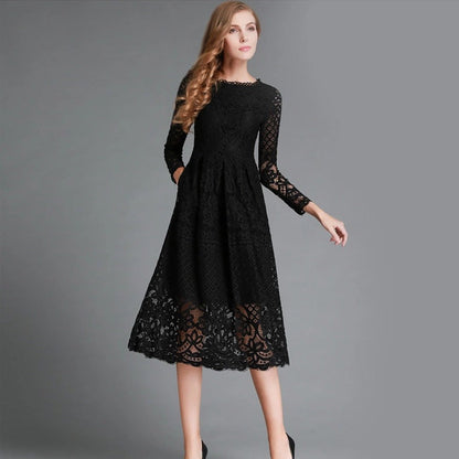 Women’s Midi Dress – Lace Floral Detailing – A-Line Fit – Long Sleeve Formal Wear