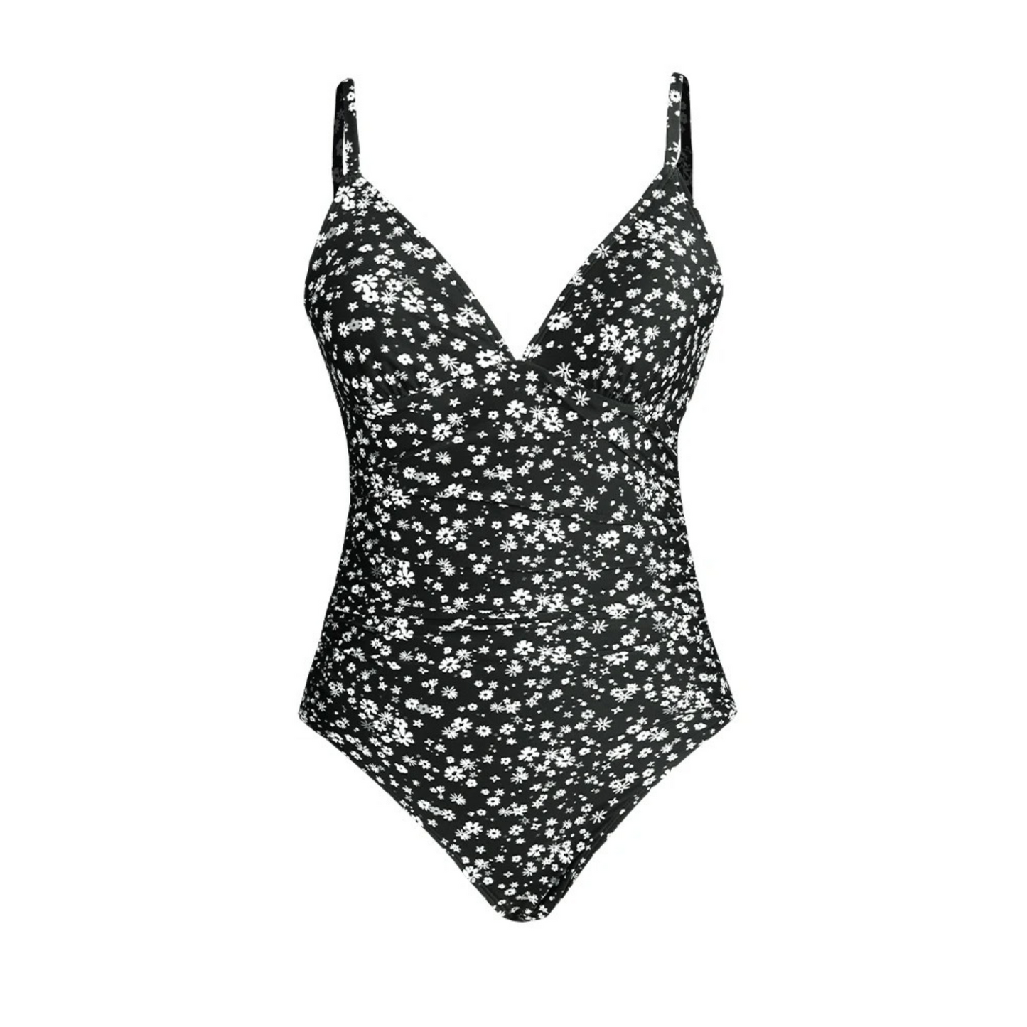 Women’s One-Piece Swimsuit – Ribbed Fabric – V-Neck – Adjustable Straps – Floral Print