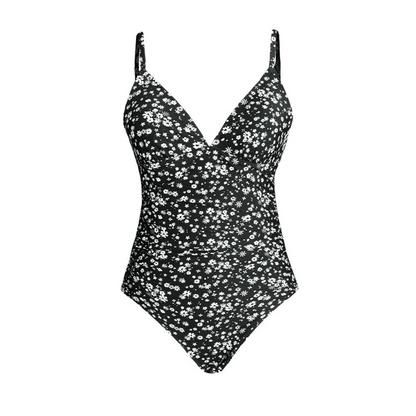 Women’s One-Piece Swimsuit – Ribbed Fabric – V-Neck – Adjustable Straps – Floral Print