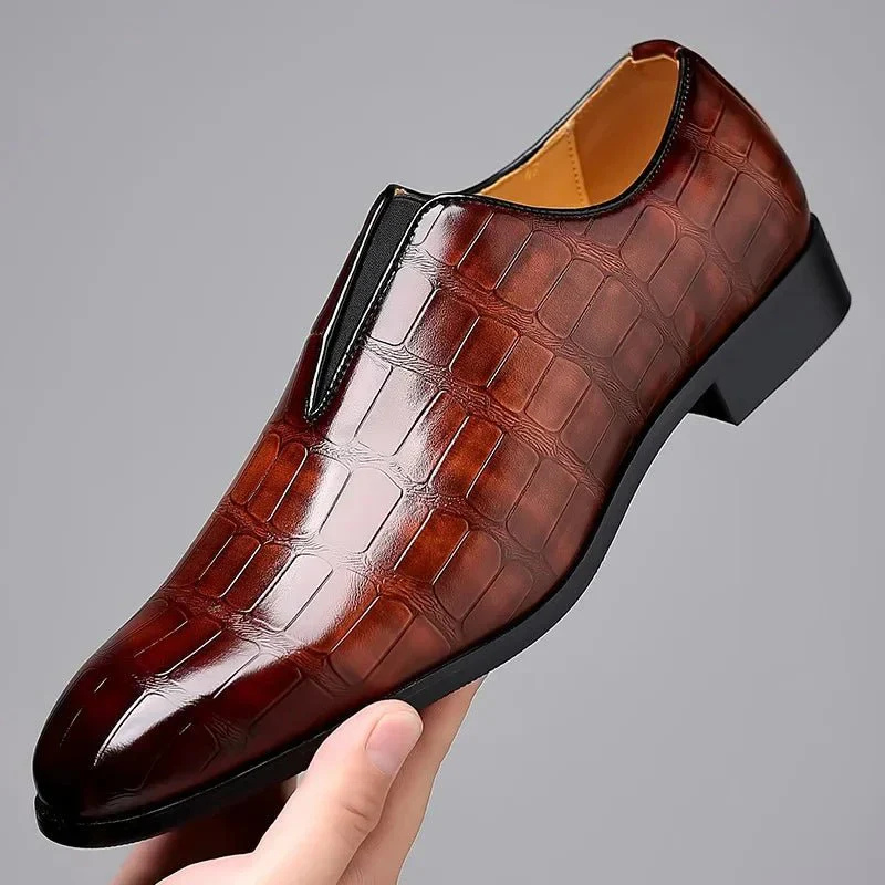 Men’s Dress Shoes – Slip-On Leather – Glossy Crocodile Texture – Formal Low Top