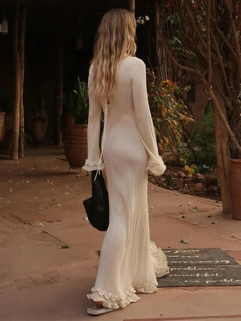 Women’s Maxi Dress – Slim Fit – Soft Ribbed Knit – Flared Sleeves – Ruffle Hem