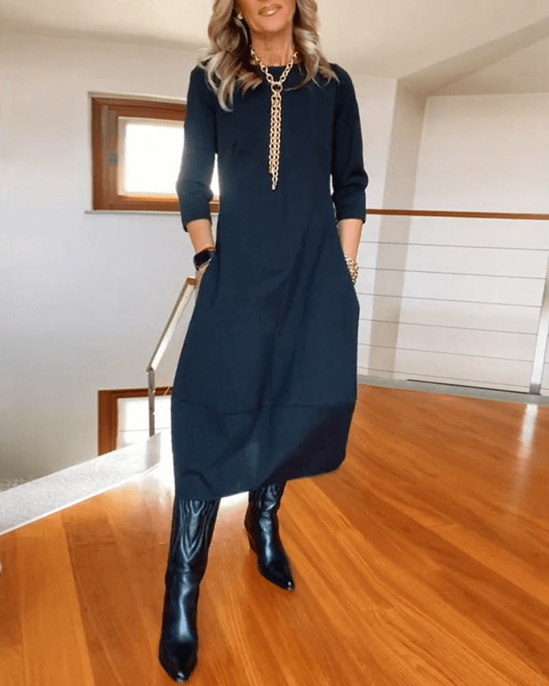 Women's Midi Dress - Three-Quarter Sleeve - Fitted Waist - Minimalist Elegant Style