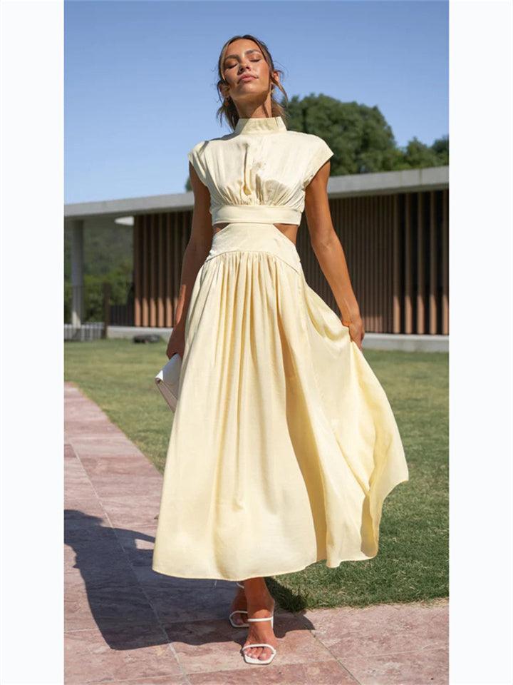 Women's Maxi Dress - Sleeveless A-Line - High Neck - Waist Cutout - Flowy Lightweight