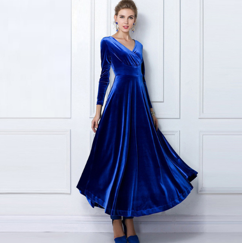 Women’s Evening Dress – Velvet Look – A-Line Fit – Deep V-Neck – Long Sleeve Formal Wear