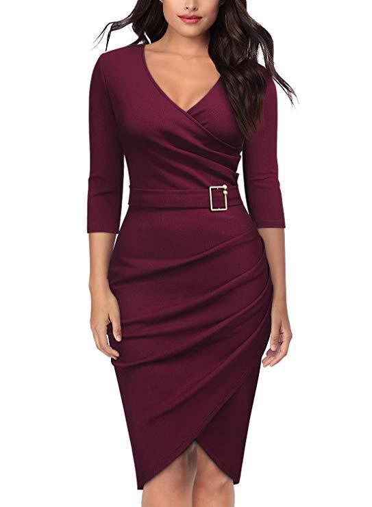 Women’s Wrap Dress – Slim Fit – V-Neck – Stretch Knit – Belted Waist – Knee Length