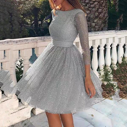 Women's A-Line Dress - Tulle - Fitted Bodice - Boat Neck - Sheer 3/4 Sleeves
