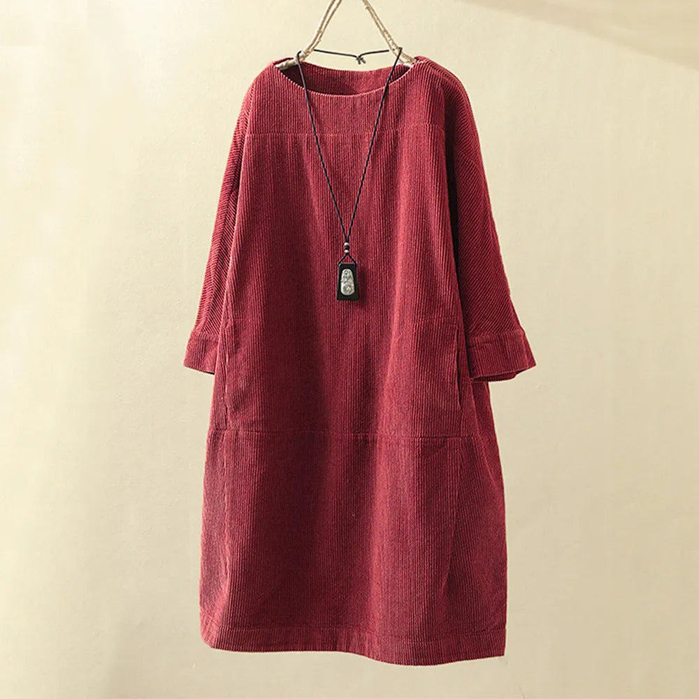 Women's Corduroy Dress - Relaxed Fit - Long Sleeve - Soft Textured Casual Wear