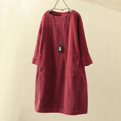 Women's Corduroy Dress - Relaxed Fit - Long Sleeve - Soft Textured Casual Wear