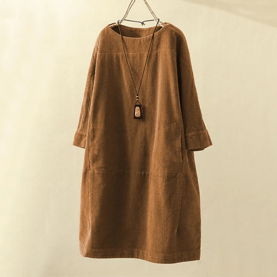 Women's Corduroy Dress - Relaxed Fit - Long Sleeve - Soft Textured Casual Wear