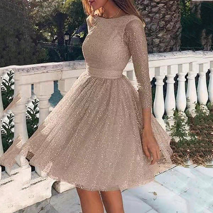 Women's A-Line Dress - Tulle - Fitted Bodice - Boat Neck - Sheer 3/4 Sleeves