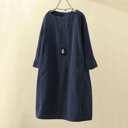 Women's Corduroy Dress - Relaxed Fit - Long Sleeve - Soft Textured Casual Wear