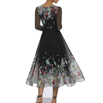 Women’s Maxi Dress – Tulle – Floral Appliqué – Sheer Sleeves – Flared Elegant Fit
