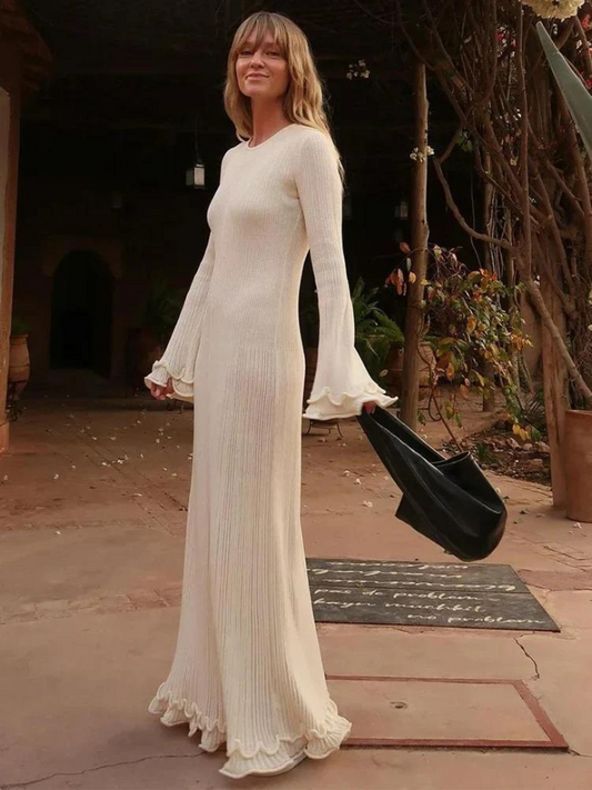 Women’s Maxi Dress – Slim Fit – Soft Ribbed Knit – Flared Sleeves – Ruffle Hem