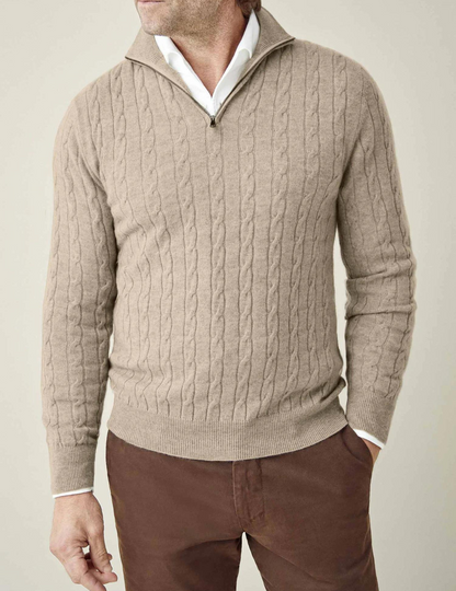 Men’s Cable Knit Sweater – Wool Blend – Half Zip – Stand Collar – Smart Casual Fit