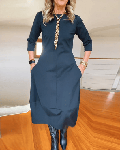 Women's Midi Dress - Three-Quarter Sleeve - Fitted Waist - Minimalist Elegant Style