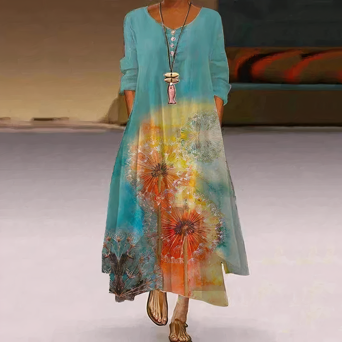Women's Maxi Dress - Long Sleeve - Flowing Fit - Round Neck - Button Front - Floral Print