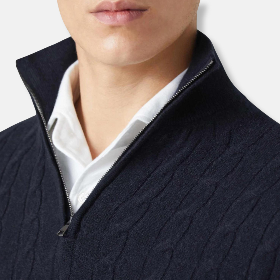 Freddie Cable Knit Stand Collar Sweater | Regular Fit Hip-Length Sweater