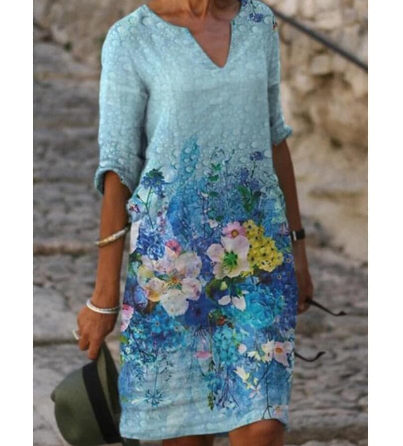 Women’s Knee-Length Dress – Relaxed Fit – Artistic Print – Cotton Blend – V-Neck