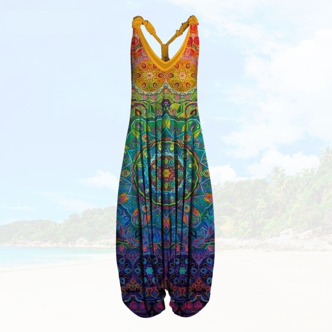 Women’s Jumpsuit – Relaxed Fit – Sleeveless Boho Print – Full Length Breathable Blend