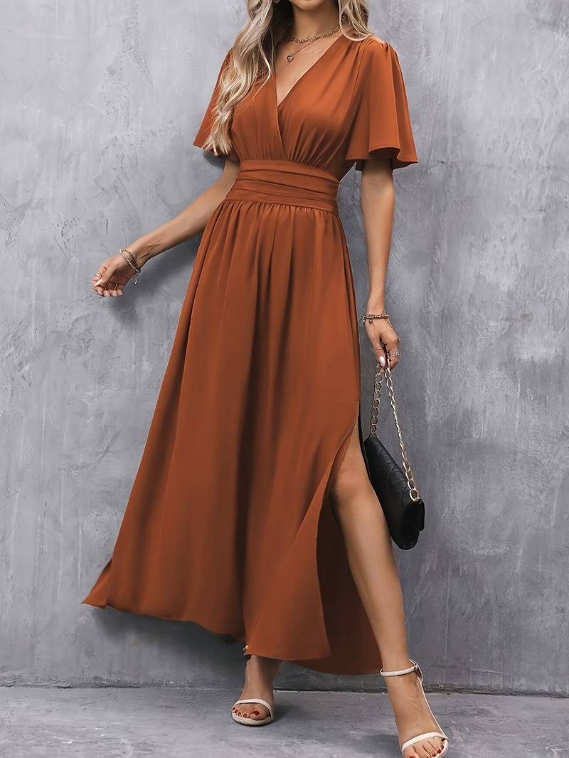 Women’s Midi Dress – Fit and Flare – Ruffled V-Neck – Pleated Waist – Side Slit
