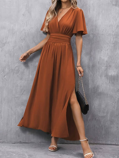 Women’s Midi Dress – Fit and Flare – Ruffled V-Neck – Pleated Waist – Side Slit