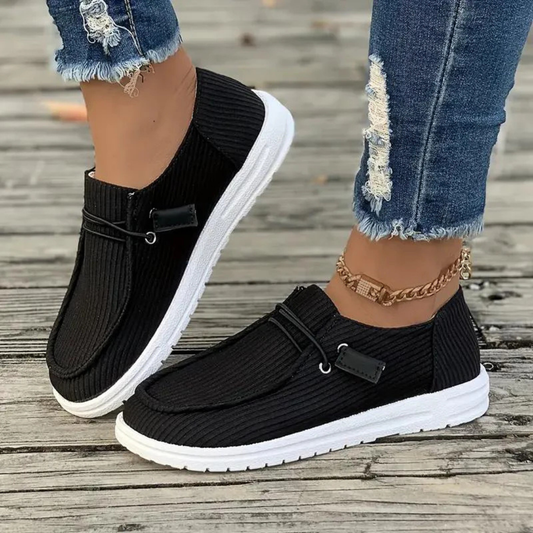 Women’s Slip-On Shoes – Soft Knit Upper – Flat Sole – Ribbed Texture – Casual Fit