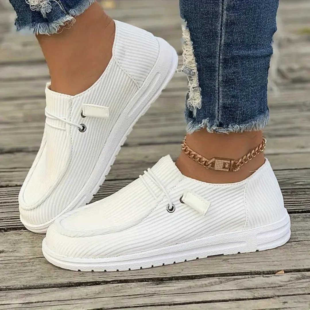 Women’s Slip-On Shoes – Soft Knit Upper – Flat Sole – Ribbed Texture – Casual Fit