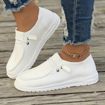 Women’s Slip-On Shoes – Soft Knit Upper – Flat Sole – Ribbed Texture – Casual Fit