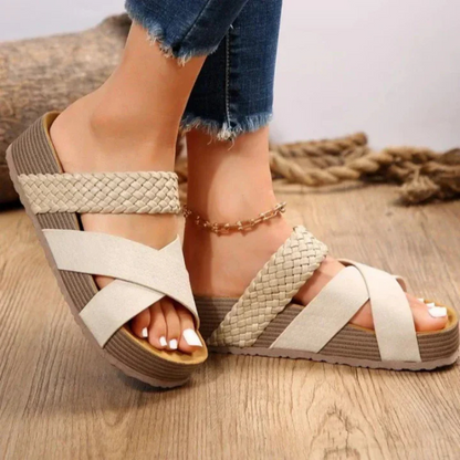 Women’s Sandals – Braided Straps – Textured Finish – Cushioned Footbed – Open Toe