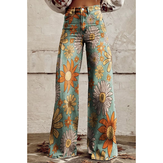 Women’s Wide-Leg Pants – Bold Floral Print – Full Length – Breathable Blend Casual Fit