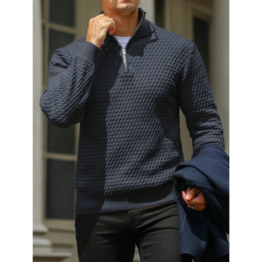 Men’s Half Zip Sweater – Textured Knit – Tailored Fit – Ribbed Collar and Cuffs