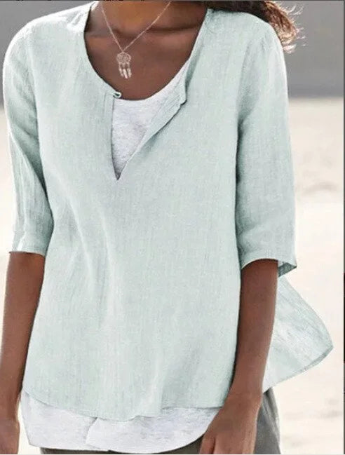 Women’s Blouse – Relaxed Fit – V-Neck – Mid Sleeve – Breathable Blend – Layered Look