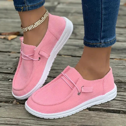 Women’s Slip-On Shoes – Soft Knit Upper – Flat Sole – Ribbed Texture – Casual Fit