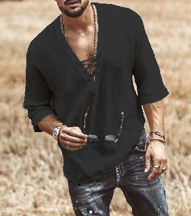 Men’s Casual Shirt – Lace-Up V-Neck – 3/4 Sleeve – Relaxed Fit – Lightweight Breathable