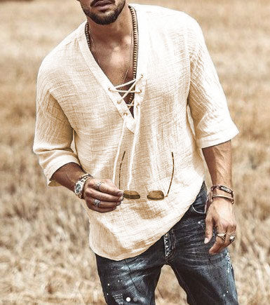 Men’s Casual Shirt – Lace-Up V-Neck – 3/4 Sleeve – Relaxed Fit – Lightweight Breathable