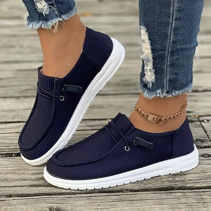 Women’s Slip-On Shoes – Soft Knit Upper – Flat Sole – Ribbed Texture – Casual Fit