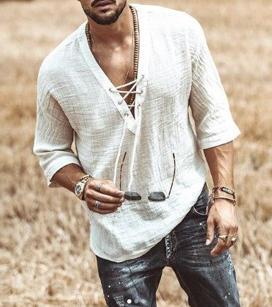 Men’s Casual Shirt – Lace-Up V-Neck – 3/4 Sleeve – Relaxed Fit – Lightweight Breathable