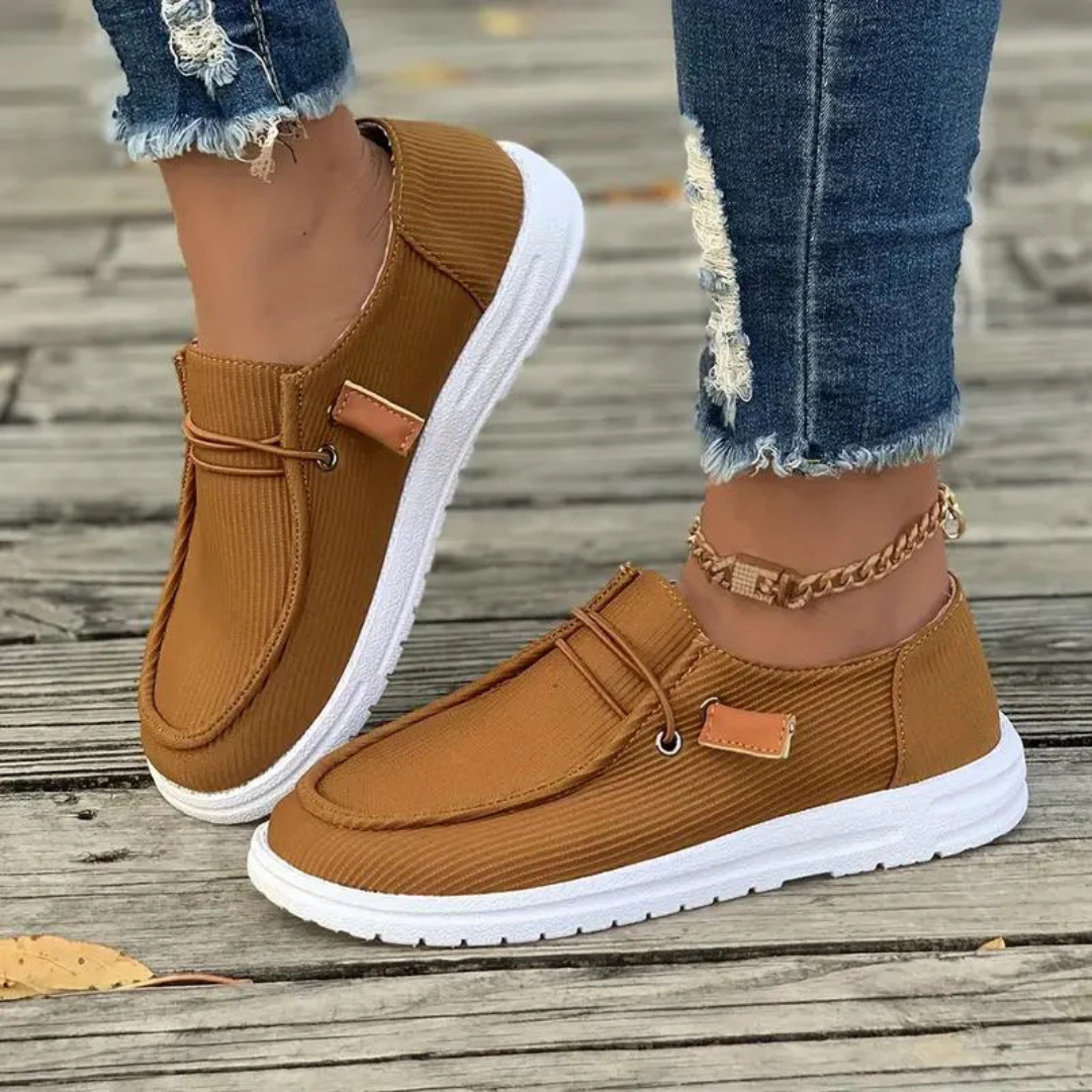 Women’s Slip-On Shoes – Soft Knit Upper – Flat Sole – Ribbed Texture – Casual Fit