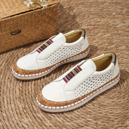 Women’s Slip-On Shoes – Breathable Perforated Upper – Orthotic Support – Cork Sole