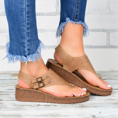 Women’s Platform Sandals – Perforated Strap – Buckle Closure – Open Toe – Casual Fit