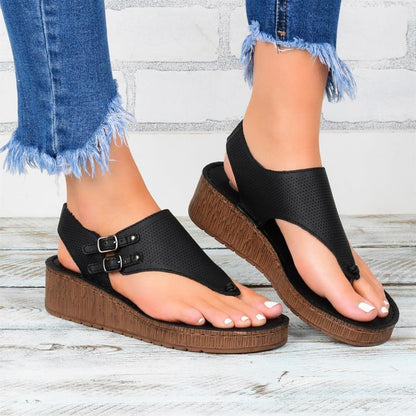Women’s Platform Sandals – Perforated Strap – Buckle Closure – Open Toe – Casual Fit
