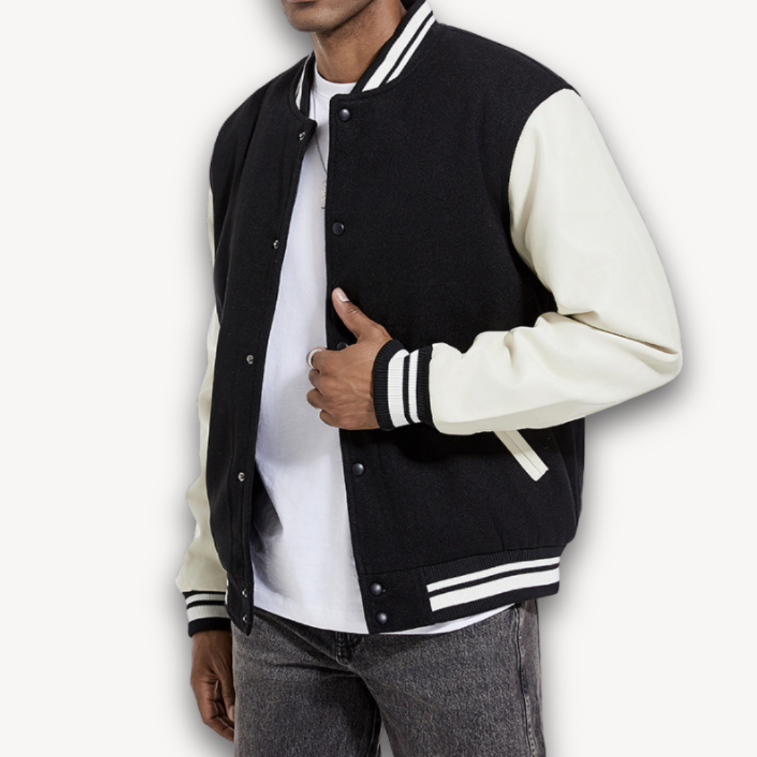 Men’s Varsity Jacket – Classic Fit – Soft Textured Body – Long Sleeves – Snap Front