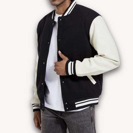 Men’s Varsity Jacket – Classic Fit – Soft Textured Body – Long Sleeves – Snap Front