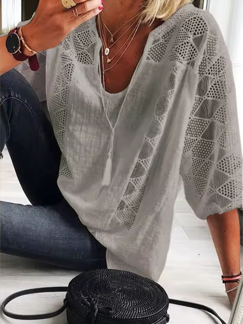 Women’s Blouse – Loose Fit – V-Neck – 3/4 Sleeve – Lace Trim – Breathable Fabric