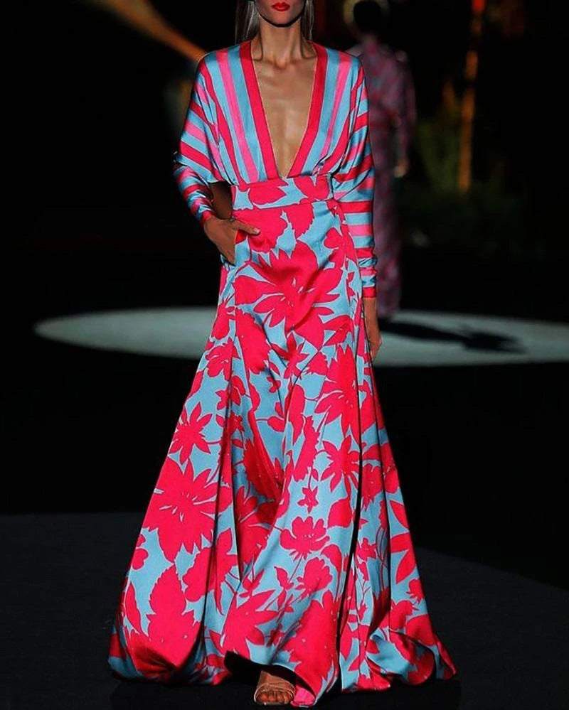 Women’s Maxi Dress - Silk Satin - Relaxed Flowing Fit - Deep V-Neck - Pockets